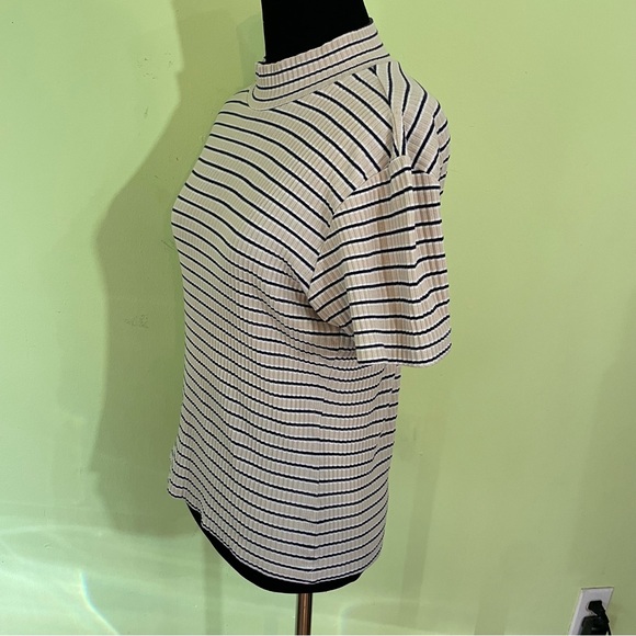 VINTAGE Y2K RIBBED STRIPED YELLOW BLUE MOCK NECK SHORT SLEEVE TOP SIZE MEDIUM - Picture 3 of 8